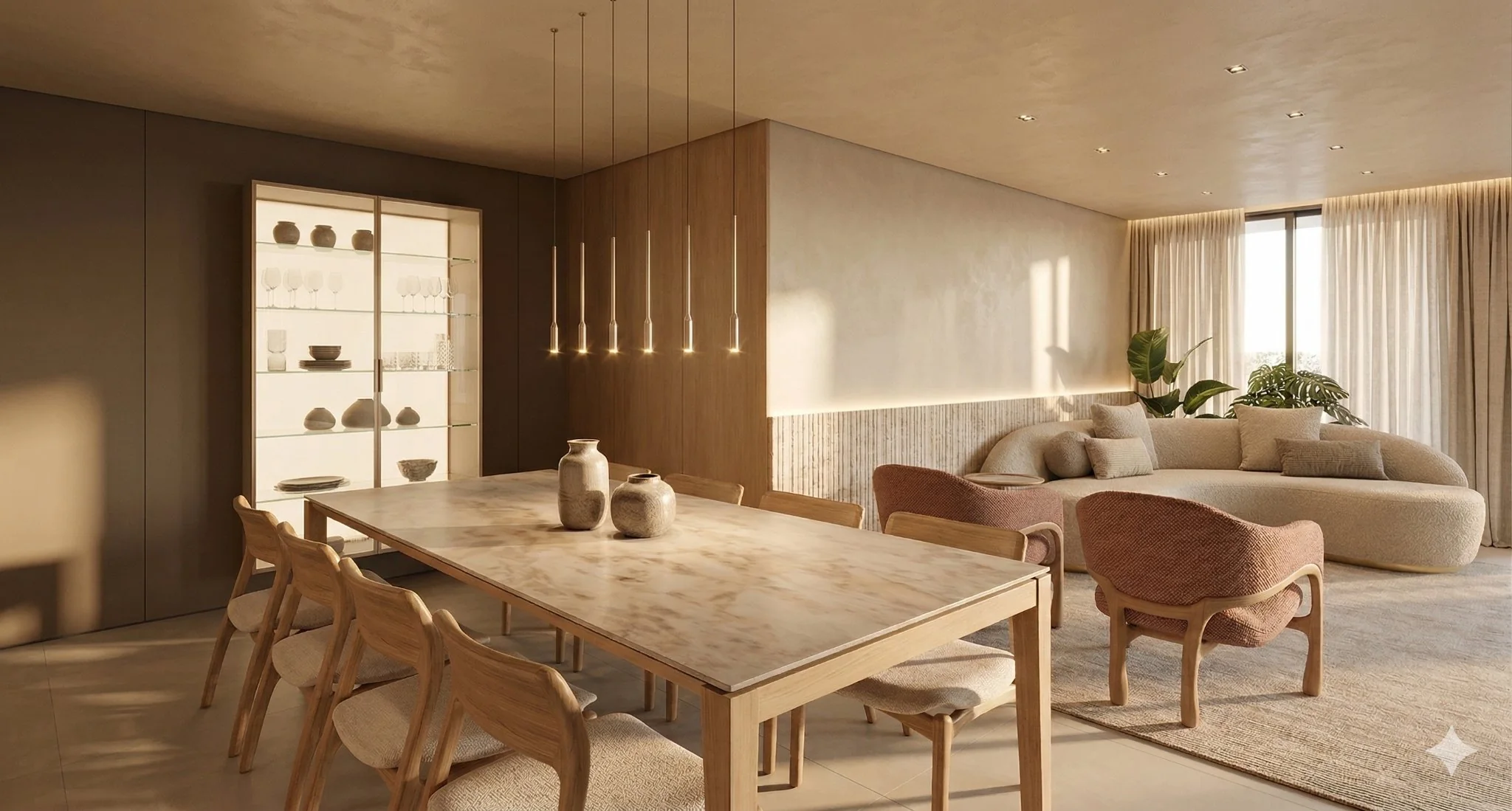 Imagem 3D do Apartamento RMC: mesa de jantar em madeira com pendentes lineares, cristaleira iluminada e estar ao fundo