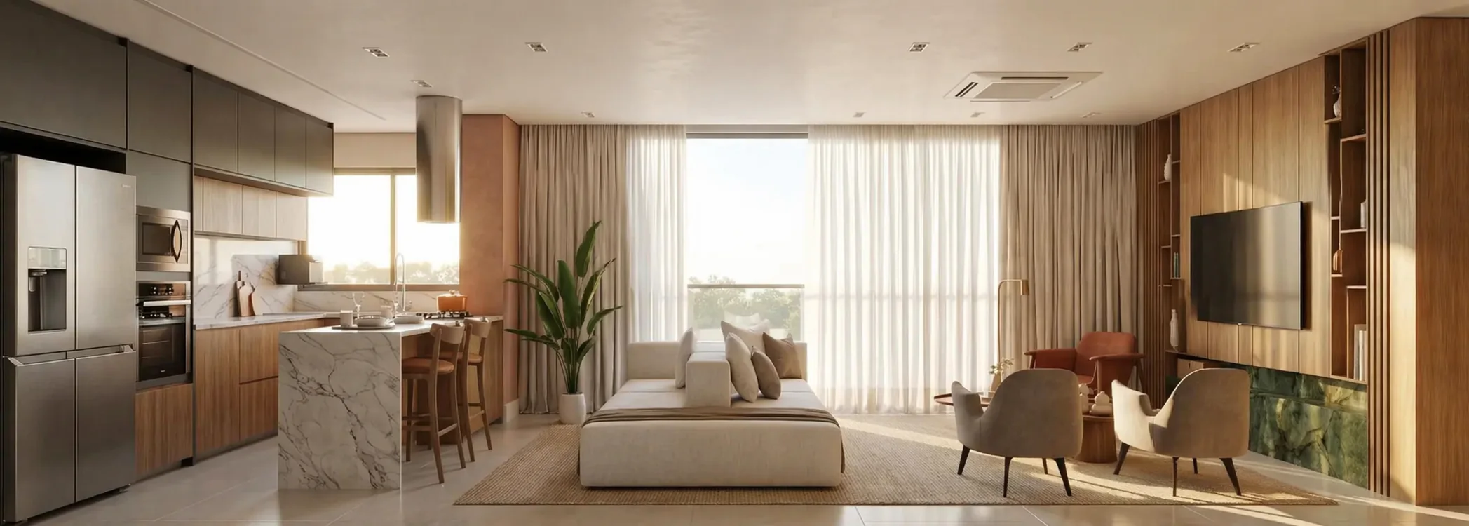 Imagem 3D panorâmica do Apartamento RMP: cozinha com ilha em pedra integrada à sala com painel de madeira
